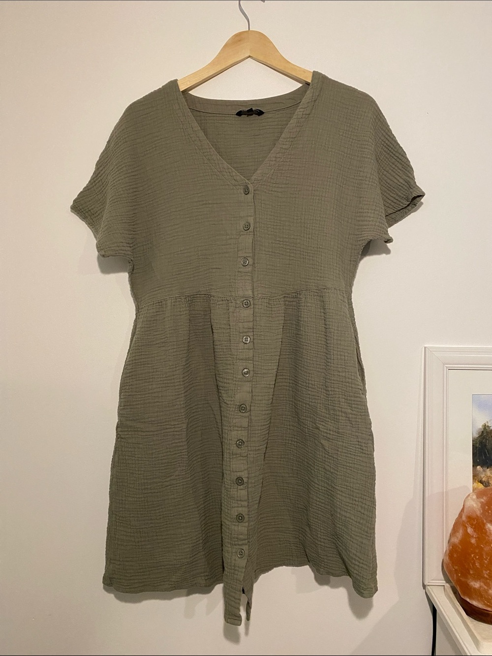 Olive Button-Front Gauze Dress